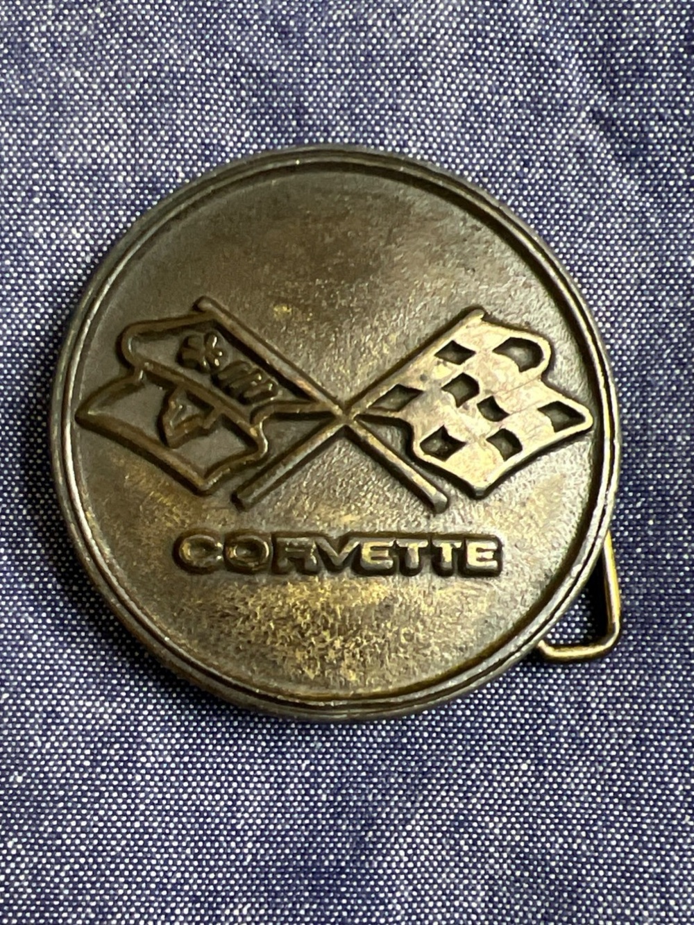 Corvette Belt Buckle Chevrolet Chevy Circle Crossed Flags Vintage 1976 Oden